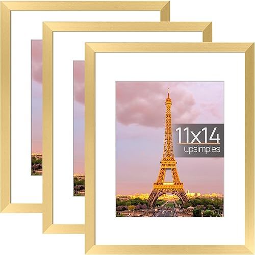 upsimples 11x14 Picture Frame Set of 3, Made of High Definition Glass for 8x10 with Mat or 11x14 Without Mat, Wall and Tabletop Display Photo Frames, Gold