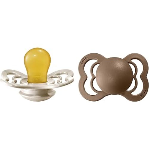 BIBS Supreme Baby Pacifier 2-Pack | Made in Denmark | BPA Free Dummy Soother, Symmetrical Nipple. Natural Rubber Latex, Size 1 (0-6 Months), Vanilla / Dark Oak