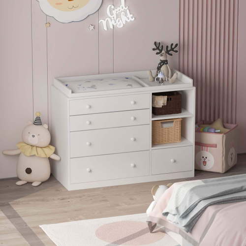 "Timechee 47.2""W Baby Diaper Storage Station, 5 Drawers Wooden Changing Table Dresser"