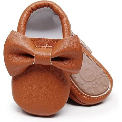 HONGTEYA Baby Moccasins with Rubber Sole&Soft Sole - Flower Print PU Leather Tassel Bow Girls Ballet Dress Shoes for Toddler