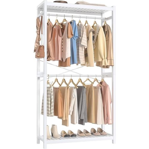 Homykic Bamboo Clothes Rack with Shelves and Double Hang Rods, Portable Closet System Garment Rack for Hanging Clothes, Tall Clothing Rack Corner Closet Organizer, Easy to Built, Freestanding, White
