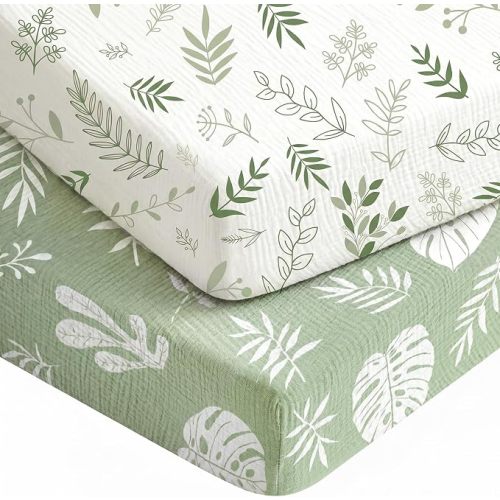 2 Pack Baby Muslin Crib Sheets for Boys Girls 52" x 28" (Green Leaf) | 100% Cotton, Soft and Breathable, Fitted Baby Sheets for Standard Crib Mattress, Neutral Toddler Bed Sheets, Baby Gifts