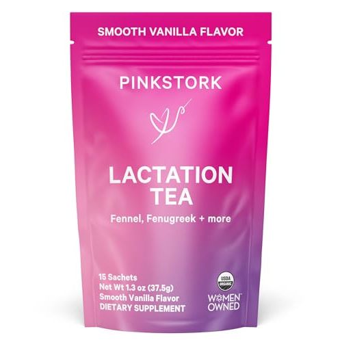 Pink Stork Organic Lactation Support Tea for Breast Milk Supply - Fenugreek, Milk Thistle, + Fennel - Breastfeeding Essentials, Caffeine-Free - Hot or Iced - 15 Sachets, Smooth Vanilla