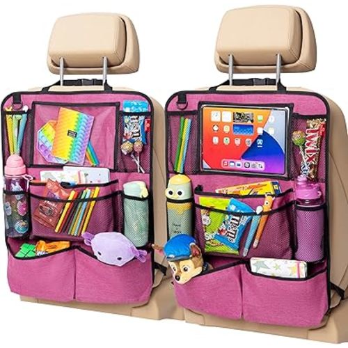 Helteko Backseat Car Organizer, Kick Mats Back Seat Protector with Touch Screen Tablet Holder, Car Back Seat Organizer for Kids, Travel Accessories, Kick Mat with 9 Storage Pockets 2 Pack, Deep Pink