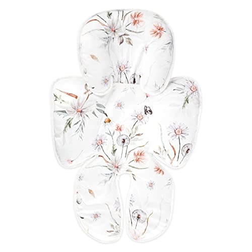 CARUILI Infant Car Seat Insert, 2 in 1 Baby Car Seat Head Body Support Cushion Pillow, Reversible & Adjustable Baby Headrest for Stroller, Swing, White Floral