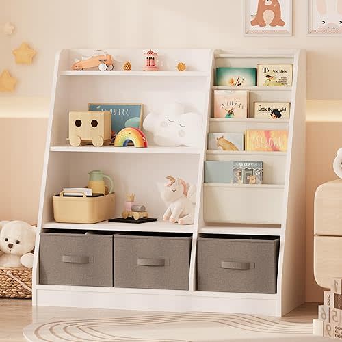 NACHES Kids Bookshelf and Toy Storage Organizer, Montessori Nursery Book Shelves with Sling Rack & Fabric Toy Bins, Toddler Baby Bookcase, Wooden Toy Shelf for Kids Room, Playroom, White-White