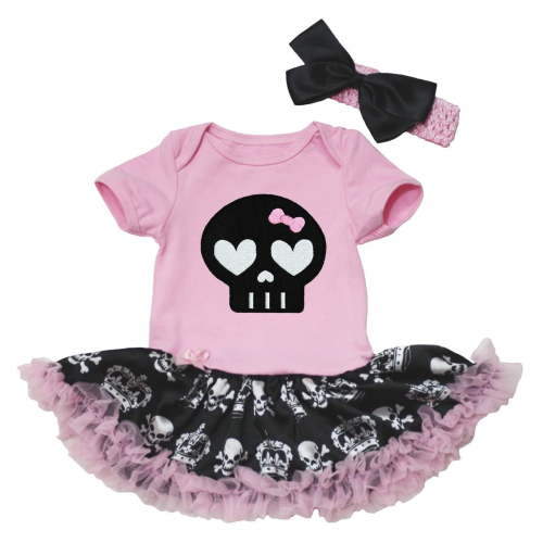 Petitebelle Black Skull Face Bodysuit Tutu Baby Dress Nb-18m (Pink/Black Crown Skull, 0-3 Months)