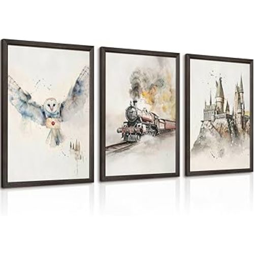 Magic Nursery Wall Art Magical Castle Canvas Poster Kids Room Wall Decor Woodland Animal Pictures Express Train Poster Snowy Owl Painting Baby Nursery Prints Artwork for Bedroom 12x16 Inch Wood Framed