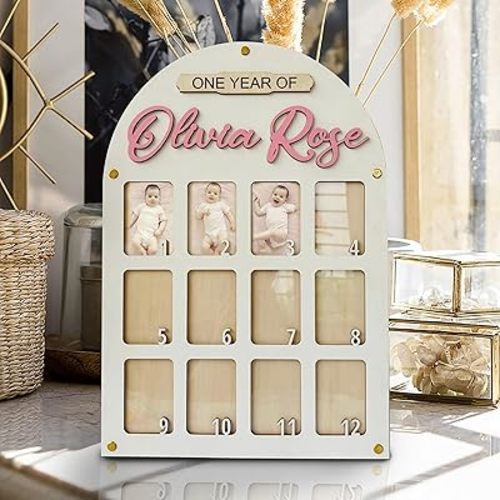 V-DECORPARKS Personalized My First Year Photo Frame | 12 Months Picture Frame For Baby First Year | Custom Photo Props | Birthday Party Decor Newborn Memory Keepsake