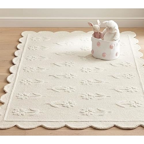 Jessa Scallop Floral Rug – 8' x 10' – Handmade Wool Area Rugs – Beige – Rugs for Living Room, Bedroom – Anti-Skid – Carpets with Non-Slip Natural Backing with 100% Cotton