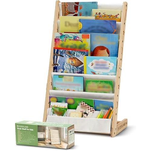 COSYLAND 7-Tier Kids Bookshelf - Wooden Sling Book Rack Display Rack with Deep Pockets for Nursery & Playroom Organizer - Fabric Toddler Bookshelf for Kids Room (Natural)