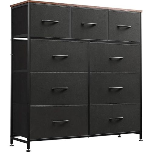 WLIVE 9 Drawer Dresser, Fabric Storage Tower for Bedroom, Hallway, Closet, Tall Chest Organizer Unit for Bedroom with Fabric Bins, Steel Frame, Wood Top, Easy Pull Handle, Black and Rustic Brown