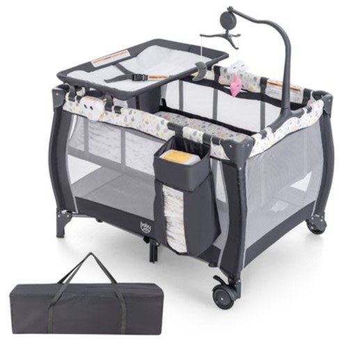 Infans Portable Baby Playard Nursery Center Crib Bassinet w/ Hanging Toys & Music Box