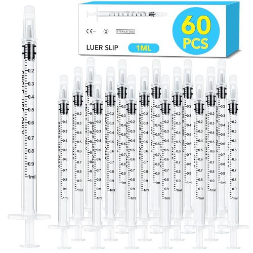 60 PCS 1ml Syringe with Cap for Liquid,Oral Syringe without Needle for Medicine Dropper, Colostrum Collect, Feeding Pets, Liquid Measuring, Individually Sealed, Luer Slip