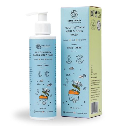 Baby Multi-Vitamin Body & Hair Wash - Tear Free + pH 5.5. Formulated with Best Plant Botanical - Honeysuckle, Basil, Mandarin. Natural, Organic, Dermat Tested(200ml)