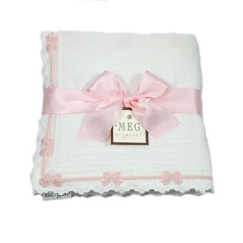 Heirloom Baby Girl Blanket { White & Pink Bows } Cotton Swaddle Blanket with Delicate Pink Bow Trim Finishing