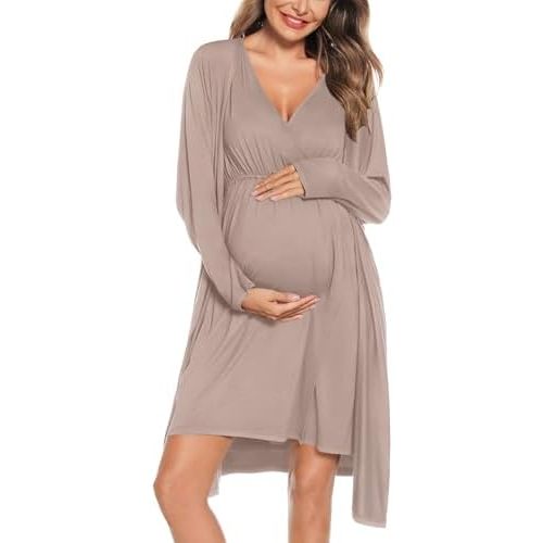 SWOMOG Women Maternity Nursing Gown and Robe Set 3 in 1 Labor Delivery Nursing Nightgown for Breastfeeding Hospital Bathrobe