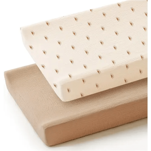 Konssy 2 Pack Muslin Changing Pad Cover for Baby Girls Boys 100% Cotton Fitted Diaper Changing Table Cover Set, Soft Changing Pad Sheets (Camel, Sun)