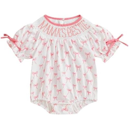 Newborn Baby Girl Romper Mamas Mini Bow Plaid Print Puff Sleeve Smocked Bubble Romper Jumpsuit Bodysuit Clothes