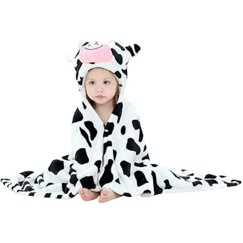 MICHLEY Baby Hooded Swaddling Blanket for Boys Girls, Animal Face Toddler Fall Winter Throw Blankets 0-3 Years(Cow)