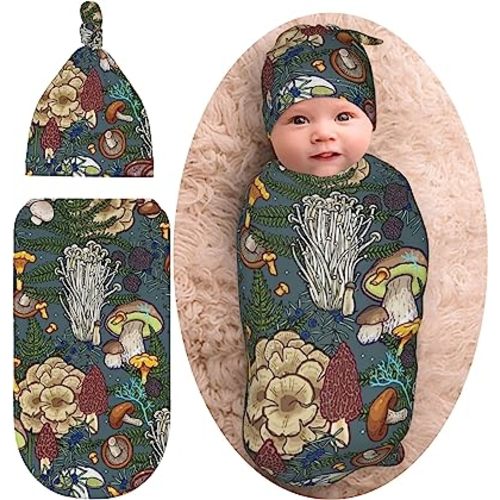 Mushroom Baby Stuff Newborn Swaddle Blanket Cute Baby Swaddle Blankets Soft Stretchy Sleep Sack with Beanie Hat Gifts for Boy Girl