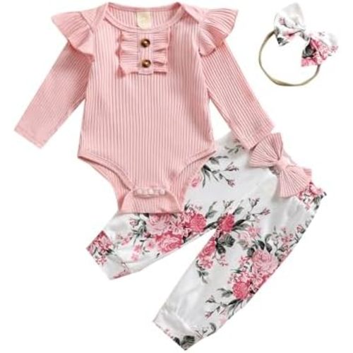 Baby Girls Clothes Ribbed Romper Bodysuit Pants Headband Set Fall Winter Outfits
