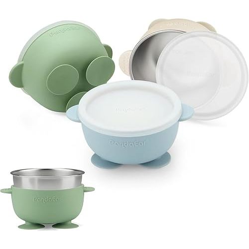 PandaEar 3 Pack Stainless Steel Baby Suction Bowls with Lid, Non-Slip Child Food Bowl with Silicone Sleeve for Kids Toddlers Infants, Unbreakable & Mess Free (Blue Green Brown)
