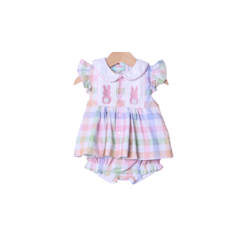 Smocked Pink Bunny Pastel Plaid Bloomer Set