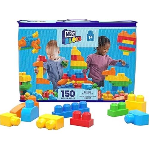 MEGA BLOKS First Builders Toddler Blocks Toys Set, Deluxe Building Bag with 150 Pieces and Storage, Blue, Ages 1+ Years