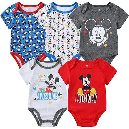 Disney Mickey Mouse, Lion King, and Winnie the Pooh Baby Boys 5 Pack Bodysuits for Newborn and Infants