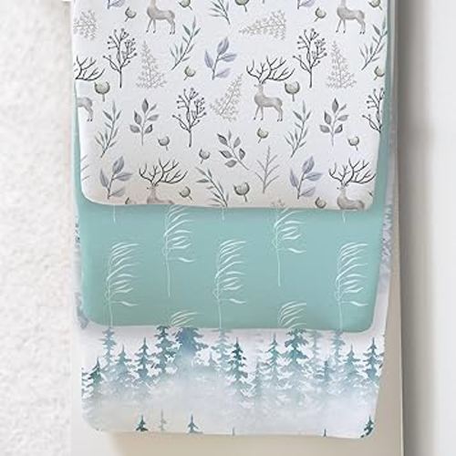 100% Organic Cotton Changing Pad Covers or Cradle Sheets with Reinforced Safety Strap Holes. Soft, Pre-Shrunk, and Machine Washable (Deer/Forest/Grass)