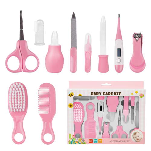 BUSATIA 10 in 1 Baby Healthcare and Grooming Kit,Safety Newborn Nursery Care Set, with Hair Brush Comb,Nail Clipper,Thermometer,Pacifier Clip,Nasal Aspirator for Newborn Infant Baby-Pink