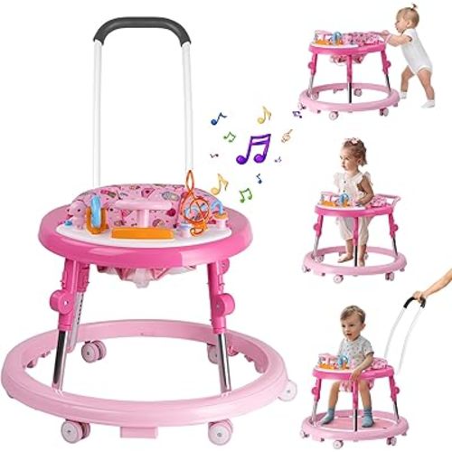 Baby Walker, Activity Center with Feeding Tray & Music, 9-Gear Height Adjustable Foldable Baby Walker for Boys and Girls from 6-18 Months with Push Handle, Footrest, Mute Wheels Anti-Rollover