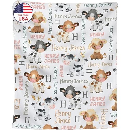 Hapaku Personalized Baby Blankets for Boys Girls - Minky/Sherpa Fleece - 30x40, 50x60, 60x80 - Cow Animal Print - Unisex - White, Black