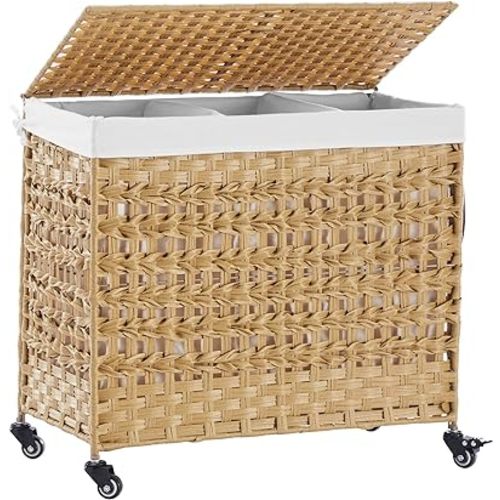 Fiona's magic 140L Large Laundry Basket with Wheels, Laundry Hamper with Lid and Removable Bags, Dirty Clothes Hamper 3 Section for Bedroom, Handwoven Rattan Wicker, Natural - Brown