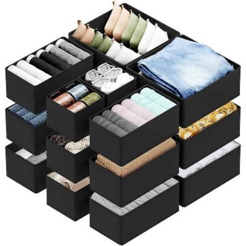 Set of 18 Collapsible Drawer Organizer Bins for Clothes, Closet Organizers and Storage Dividers for Clothing (Black)