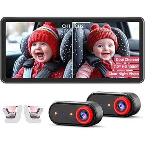 BM5 PRO Baby Car Camera for 2 Kids, 7.2" 1080P Dual Channel Display for Car Seat, Easy Installation with 2 IR Night Vision Cameras, Rear Seat Safety for Babies and Pets