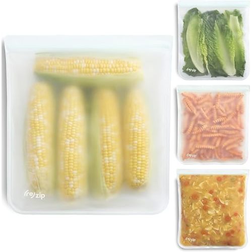 (re)zip Gallon Reusable Storage Bags, BPA-Free, Leakproof, Food-Grade 100% Food-Safe PEVA, for Food Storage and Freezer Use, Holds 16 cups | 128 fl oz, 4-Pack (Clear)