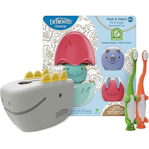 Dr. Brown's Baby and Toddler Toothbrush, Green and Orange Dinosaur 2-Pack 1-4 Years, CleanUp Float & Hatch Dino Eggs Bath Toy, 6m+, Dino-Soft Baby Bath Spout Cover, BPA Free, Certified Plastic Neutral