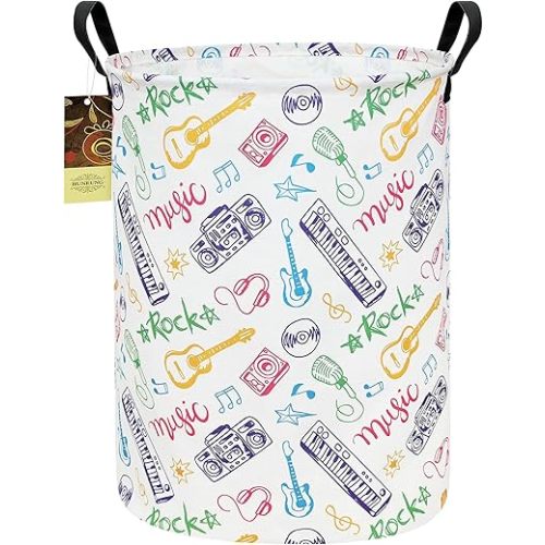 HUNRUNG Laundry Hamper,Large Canvas Fabric Lightweight Storage Basket Toy Organizer Dirty Clothes Collapsible Waterproof for College Dorms(Round-Musical instrument)