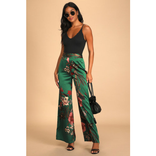 Thriving Vibes Green Floral Print Satin Wide-Leg Pants
