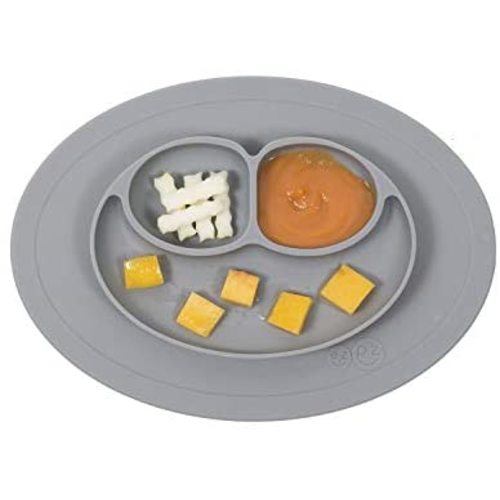 ezpz Mini Mat (Gray) - 100% Silicone Suction Plate with Built-in Placemat for Infants + Toddlers - First Foods + Self-Feeding - Comes with a Reusable Travel Bag