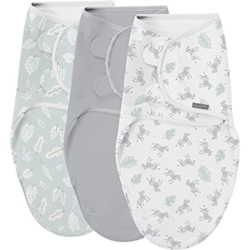 SwaddleMe by Ingenuity Original Swaddle with Easy-Change, 100% Cotton, Improves Sleep & Calms Startle Reflex, 0-3 Months, 3-Pack - Zebra Botanical