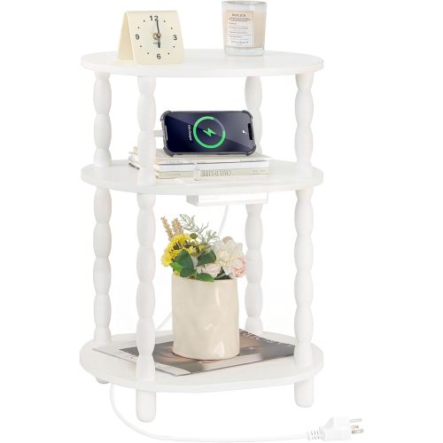 MaxSmeo White Side Table with Charging Station, 3-Tier Small Oval End Table with USB Ports and Outlets, Modern Night Stand Wood Accent Table for Living Room, Bedroom, White
