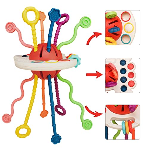 Tiyol Montessori Toys, Silicone Pull String Activitys, Developmental Pulling Baby Sensory Toy, Car Seat Airplane Travel Toddler Boy &Girl Infant Birthday Gifts