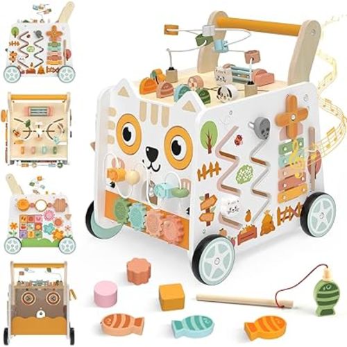 Wooden Baby Walker, Baby Push Walker with Wheels, 16-in-1 Montessori Activity Center Bead Maze Shape Sorter Xylophone, Height Adjustable Walking Toy 12+ Months, 1 Year Old Birthday Gifts Boys Girls