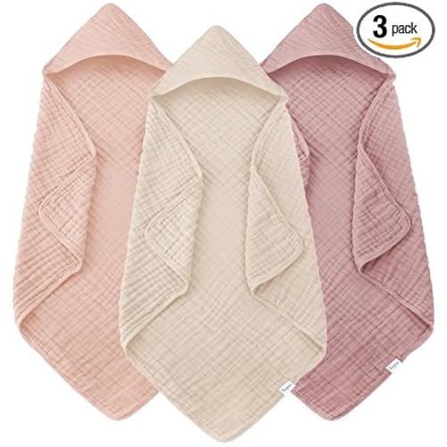 Muslin Hooded Baby Bath Towels - 3 Pack 100% Cotton Ultra-Soft Towels for Newborns, Infants, Toddlers - 32x32 Inch - Highly Absorbent, Quick-Dry Essentials for Bath Time, Beach, Pool, Neutral Series