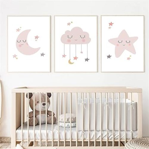 ZYRQART Nordic Moon Star Cloud Wall Art Poster Pink Girls Art Print Baby Nursery Canvas Painting Modern Pictures Kids Room Decor/No Frame(20X28 Inch Unframed)