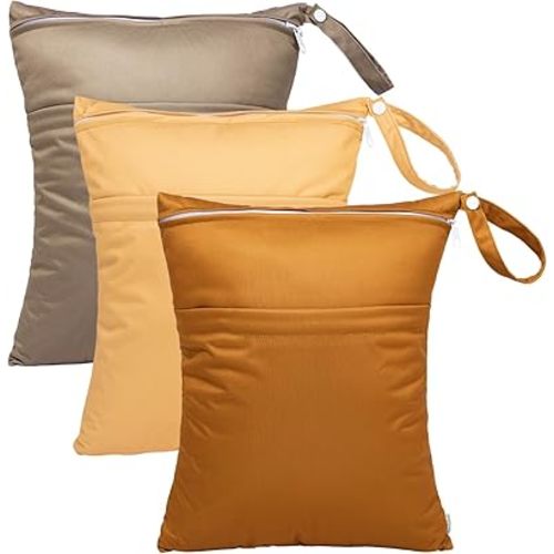 babygoal Wet Dry Bags for Baby Cloth Diapers, Washable Travel Bags, Beach, Pool, Gym Bag for Swimsuits & Wet Clothes with Two Zippered Pockets 3 Pack, 3LN20