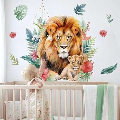Runtoo Large Lion Wall Art Decal Watercolor Woodland Animal Wall Stickers for Nursery Kids Bedroom Home Decor